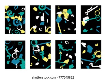 Set of 8 Greeting Cards on Black Background. Dark Base for Book or Notepad Cover, Invitation, Poster or Banner. Bright Brush Strokes on Retro Style of Early 90s. Set of Abstract Backgrounds.
