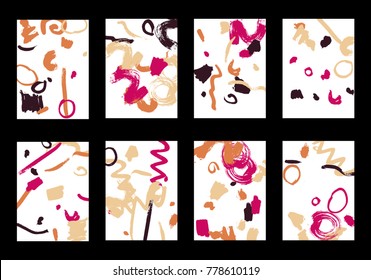 Set of 8 Greeting Cards on White Background. Light Base for Book or Notepad Cover, Invitation, Poster or Banner. Bright Brush Strokes on Retro Style of Early 90s. Set of Abstract Backgrounds.