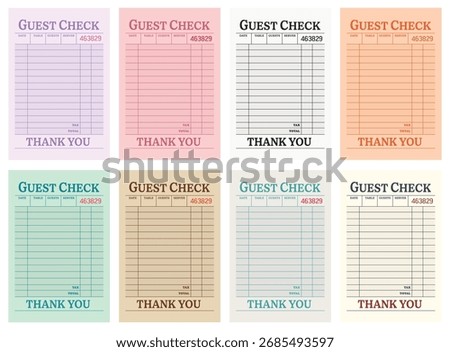 Set of 8 Guest check art print, trendy wall art blank restaurant receipt vector illustration for digital and personalized gift