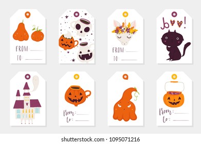 Set of 8 halloween gift tags. Cute and scary label templates for 31 october. Printable greeting cards in bright colors. Vector isolated illustrations