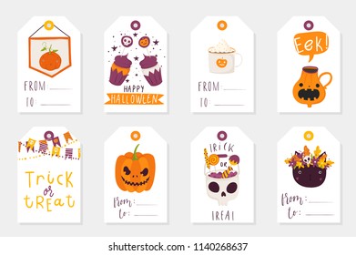Set of 8 halloween gift tags. Cute and scary label templates for 31 october. Printable greeting cards in bright colors. Vector isolated illustrations