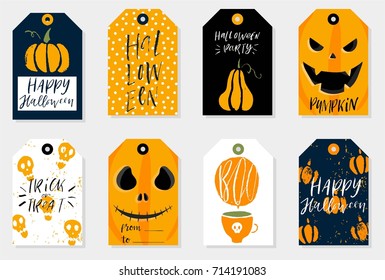 Set of 8 halloween gift tags. Cute and scary label templates for 31 october. Printable greeting cards in bright colors. Vector isolated illustrations