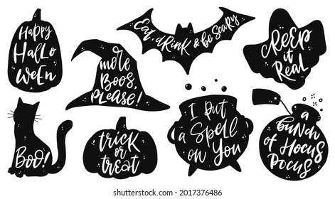 set of 8 Halloween quotes written inside silhouettes of pumpkins, cat, witch's hat, potion vat, bat and ghost. Good for cards, stcikers, prints, sublimation, clothing decor, etc. EPS 10