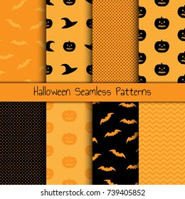 Set of 8 Halloween seamless patterns. Different textures with bats, pumpkins, witch hats in orange and black colors. Good for wrapping paper, party invitations, greeting cards, Halloween decoration.