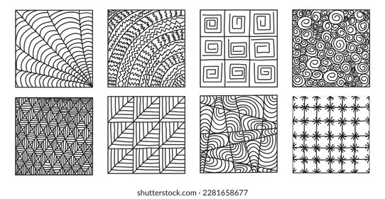 Set of 8 hand drawing abstract  black and white pattern in square frame design. Vector illustration