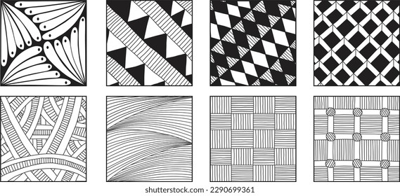 Satz von 8 handgezeichneten abstrakten schwarz-weißen Linien dreieckige Diamantformen in quadratischem Rahmen auf weißem Hintergrund. Vektorgrafik