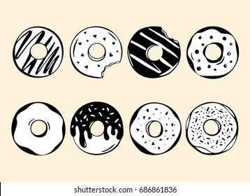 Set of 8 hand drawn black and white donuts. Illustration Donut for your design. Glazed pastry.