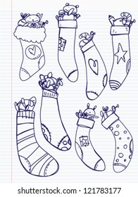 Set of 8 hand drawn Christmas socks. Vector illustration.