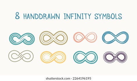 Set of 8 Hand drawn colored infinity symbols, vector eps10 illustration