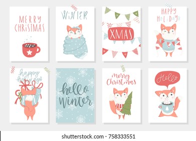 Set of 8 hand drawn postcards with cute fox. Merry Christmas, Happy New Year holiday posters in cozy cartoon style. Vector illustration