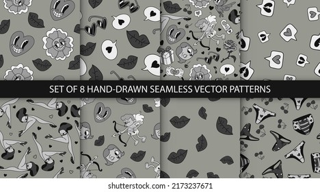 Conjunto de 8 patrones de estilo de dibujos retro hechos a mano. Texturas de moda retro. Fondos vectores