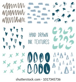 Set of 8 hand drawn textures: paint, brush strokes. Creative hand drawn texture: smudges, smear, brush, line, blot, triangles, hearts. Grunge vector texture 