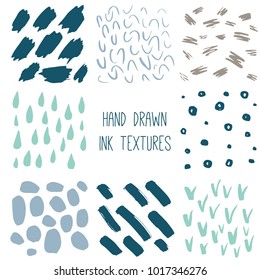 Set of 8 hand drawn textures: paint, brush strokes. Creative hand drawn texture: smudges, smear, brush, line, blot. Grunge vector ink texture 