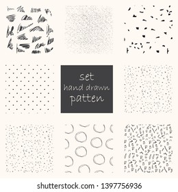 Set of 8 hand drawn trendy patterns with ink brush strokes. Isolated on pastel backgrounds. Vector patterns for your design