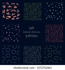 Set of 8 hand drawn trendy patterns with ink brush strokes. Isolated on dark backgrounds. Vector patterns for your design