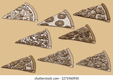 Set of 8 hand drawn vector slices of pizza. Sepia vintage realistic pizza slice illustration.