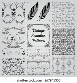 Set of 8 Hand Sketched Doodle Decorative Seamless Backgrounds. Pattern Swatches with Transparent Background. Vector Illustration.