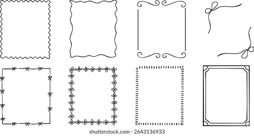 Set of 8 hand-drawn decorative frames in various styles including floral, ribbon, and minimalist borders. Perfect for invitations, menus, and greeting cards. Vector EPS 10