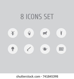 Set Of 8 Harvest Icons Set.Collection Of Maize, Bailer, Windmill And Other Elements.