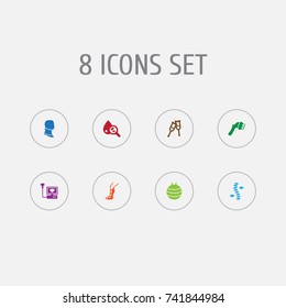 Set Of 8 Healthy Icons Set.Collection Of Broken Neck, Pilates, Machine And Other Elements.