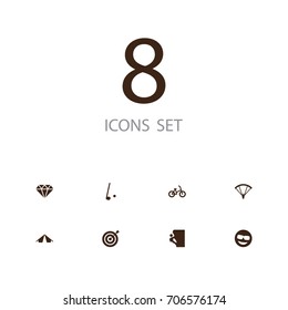 Set Of 8 Hobby Icons Set.Collection Of Smile, Hiking, Diamond And Other Elements.