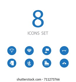 Set Of 8 Hobby Icons Set.Collection Of Surfer, Skateboard, Parachute And Other Elements.