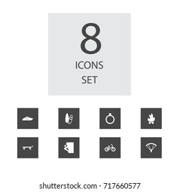 Set Of 8 Hobby Icons Set.Collection Of Bonfire, Skateboard, Hiking And Other Elements.