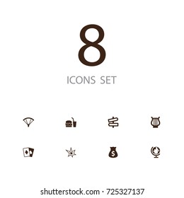 Set Of 8 Hobby Icons Set.Collection Of Bomb, Poker, Globe And Other Elements.