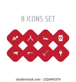 Set of 8 horticulture icons set. Collection of harrow, hand saw, fertilizer elements.