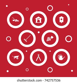 Set Of 8 Horticulture Icons Set.Collection Of Shears, Rake, Wheelbarrow And Other Elements.