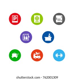 Set Of 8 Hotel Icons Set.Collection Of Strongbox, Barbell, Citizenship And Other Elements.
