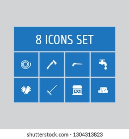 Set of 8 household icons set. Collection of tool shop, hosepipe, water supply and other elements.