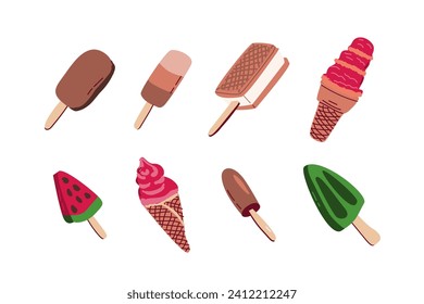 set of 8 ice cream icons isolated in cartoon style. Vector illustration of waffle chocolate ice cream, gelato, ice cream on sticks with different various tasty. 