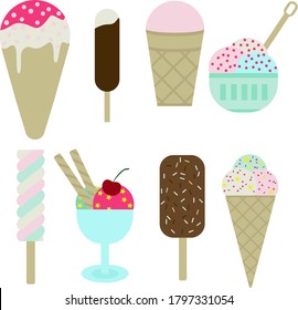 Un conjunto de 8 helados. Ilustración vectorial de especies individuales en un fondo blanco.