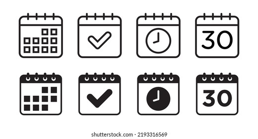 Juego de 8 iconos, calendario delineado trazo editable y estilo de glifo plano, plantilla de diseño de clipart