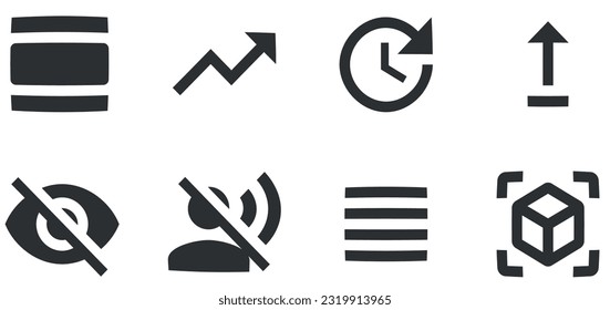 Conjunto de 8 iconos Acciones. Icono Web de línea delgada de colección de vectores. Icono de Establecer calidad. Conjunto de iconos lineales. Paquete de iconos finos rellenos. UI y UX