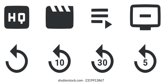 Set of 8 icons Audio and Video Creative business solutions icon set. Set Quality icon. Linear symbols set. Thin filled icons pack. UX UI