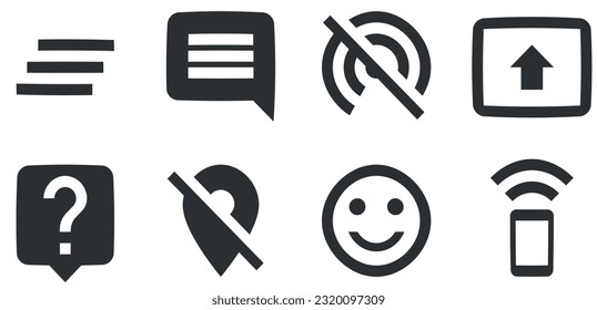 Conjunto de 8 iconos Comunicación. Colección de iconos de línea. Icono de Establecer calidad. Conjunto de símbolos lineales. Gran conjunto de iconos de la interfaz de usuario. Ilustración del vector