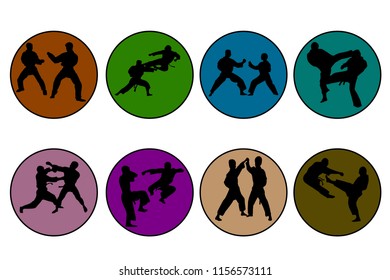 Set of 8 icons of different colors karate