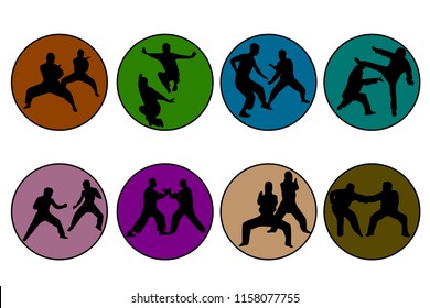 Set of 8 icons of different colors Kung Fu