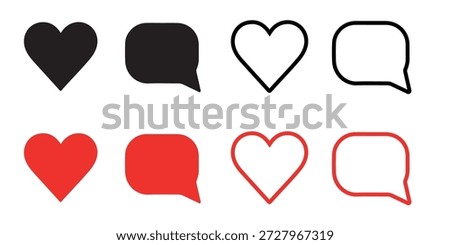 Set of 8 icons featuring chat bubbles and hearts in black, red, and white, with filled and outlined styles, on a clean white background