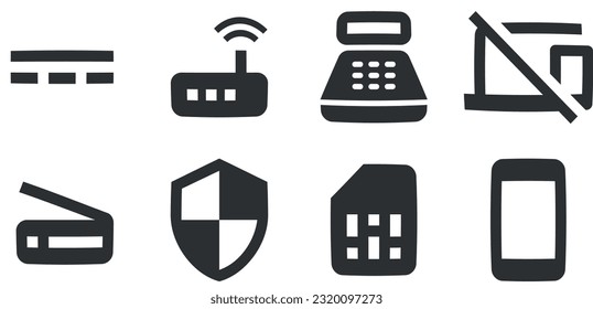 Set of 8 icons Hardware. Line icons collection. Set Quality icon. for mobile and web. Thin filled icons pack. UI and UX
