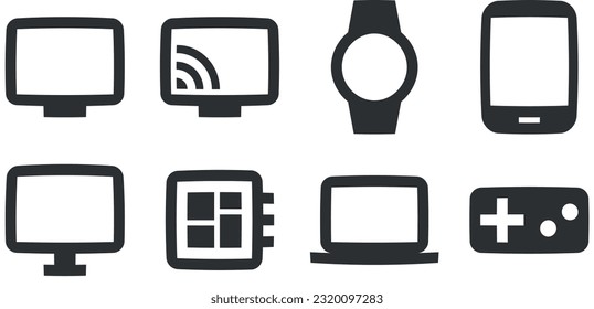 Conjunto de 8 iconos Hardware. Colección de iconos de línea. Simple Set. para móviles y web. Un gran icono de interfaz de usuario en un diseño plano. UI de usuario