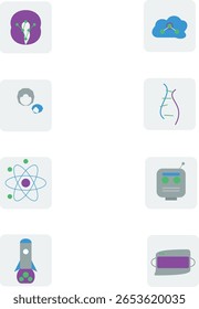 Eine Reihe von 8 Symbolen, die Schlüsselkonzepte in Wissenschaft, Innovation und moderner Technologie darstellen.