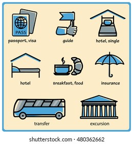 set of 8 icons for tourism, passport, visa, guide, hotel, architecture, single, breakfast, food, insurance, bus transfer, relic,