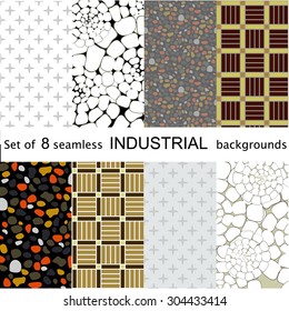 Set of 8 industrial seamless patterns. Metal, pavement, concrete, wood. Abstract vector backgrounds. Backgrounds & textures shop.