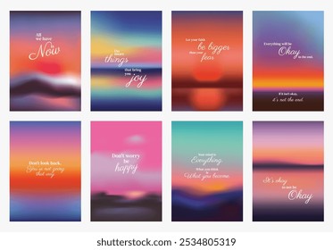 Set of 8 inspirational posters with colorful gradients. Motivational quotes on each poster. Vibrant, colorful, and uplifting designs for positivity. Pink sky positivity quote poster template vectors.