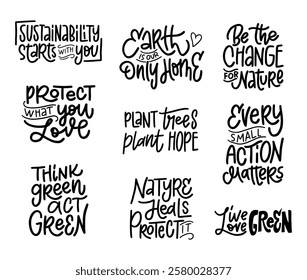 A set of 8 inspiring hand-lettered quotes about sustainability and environmental protection. Perfect for creating eco-friendly posters, merchandise