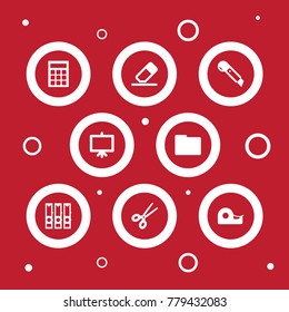 Set Of 8 Instruments Icons Set.Collection Of Rubber, Calculate, Binder And Other Elements.