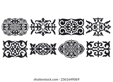 Set of 8 islamic black ornaments on background in vector. Asian new year gold decorative traditional oriental symbols. Circular ornamental arabic symbols. Abstract Asian elements of the Kazakhs